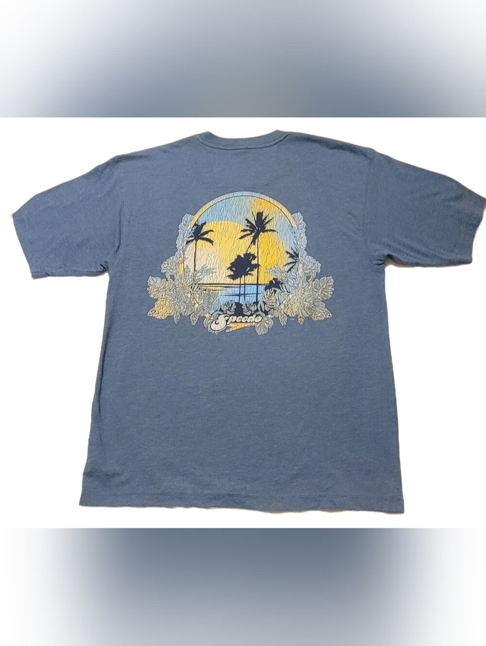 Speedo Mens Med Heather Blue Tropical Sunset Palm Retro Surf Graphic T Shirt